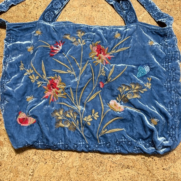 Johnny Was Aria Velvet Rayon Silk Floral Embroidered Tote Bag In Light Blue - Picture 4 of 16